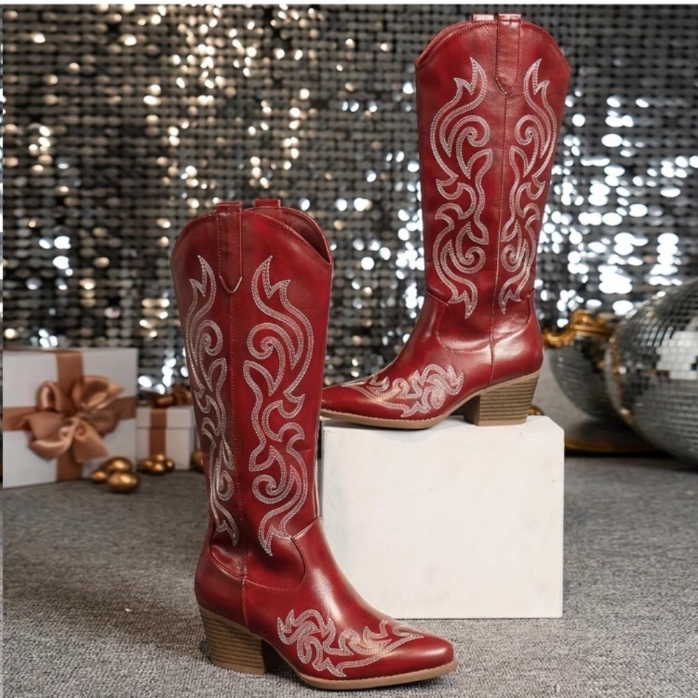 Red Embroidered Heeled Boots - Picture 7 of 8